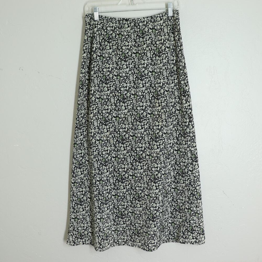 Vintage Blue A-Line Skirt Women 9 Black White Army Green Floral Stretch Midi